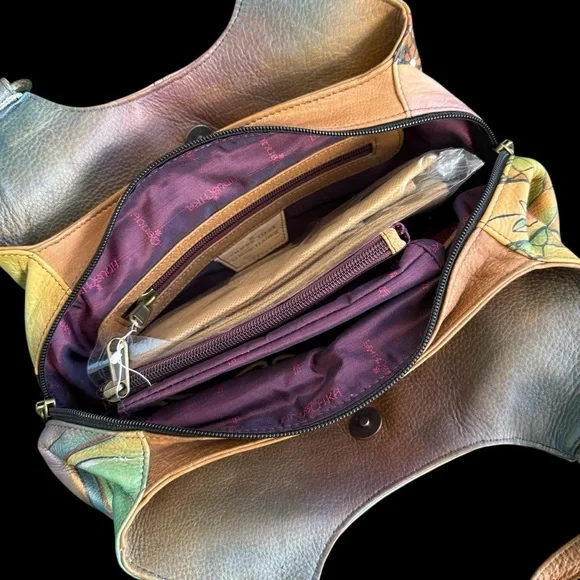 Anuschka Pastel Peacock Shoulder Bag multi pocket with 2 attached pouches NEW - Picture 10 of 11